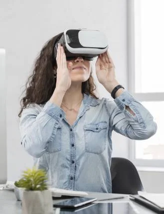 Individual seated at a desk wearing a virtual reality headset, holding the device with both hands, with a computer monitor, keyboard, and small potted plant visible on the desk.